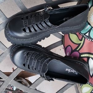 Y2K 90s Vintage Black Chunky Lug Sole Shoes Grunge Womens Size 10 Faux Leather